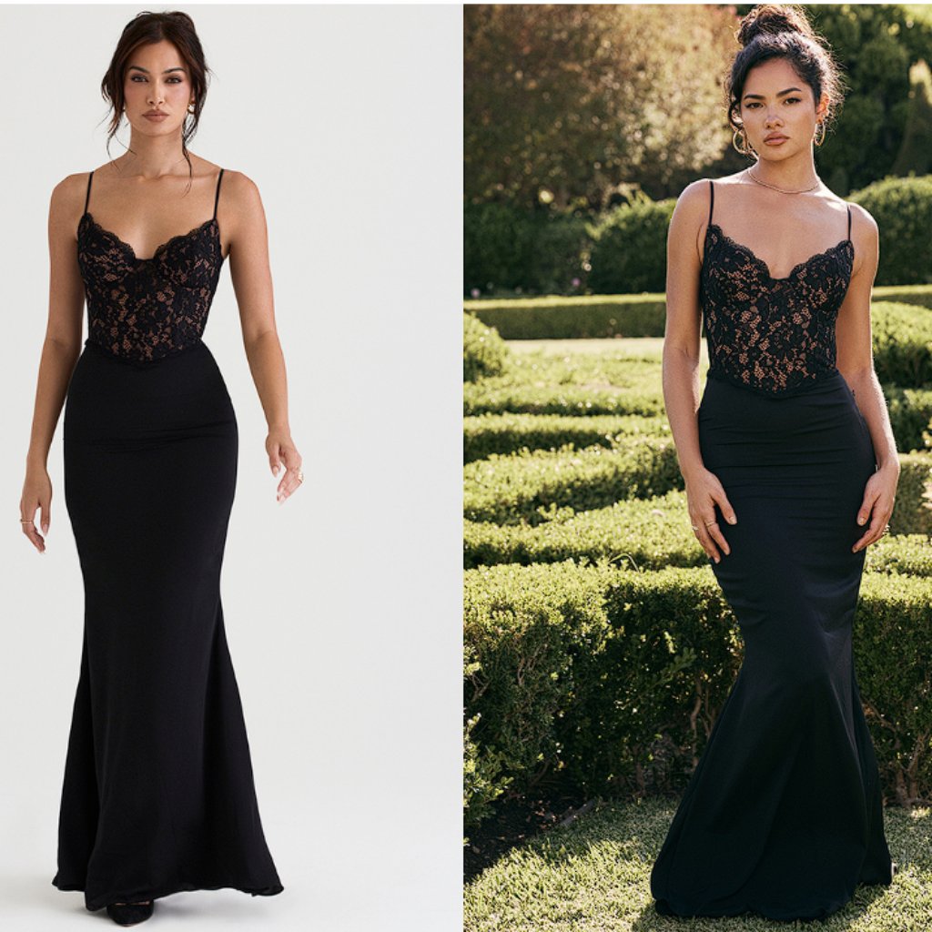 House Of Cb 'Cara' Black Corset Illusion Lace Maxi Dress Nwot